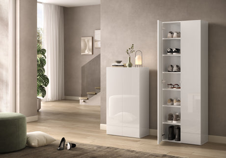 Kompact 2 Door 60cm White Gloss 15 Pair Shoe Storage Cabinet - FurniComp