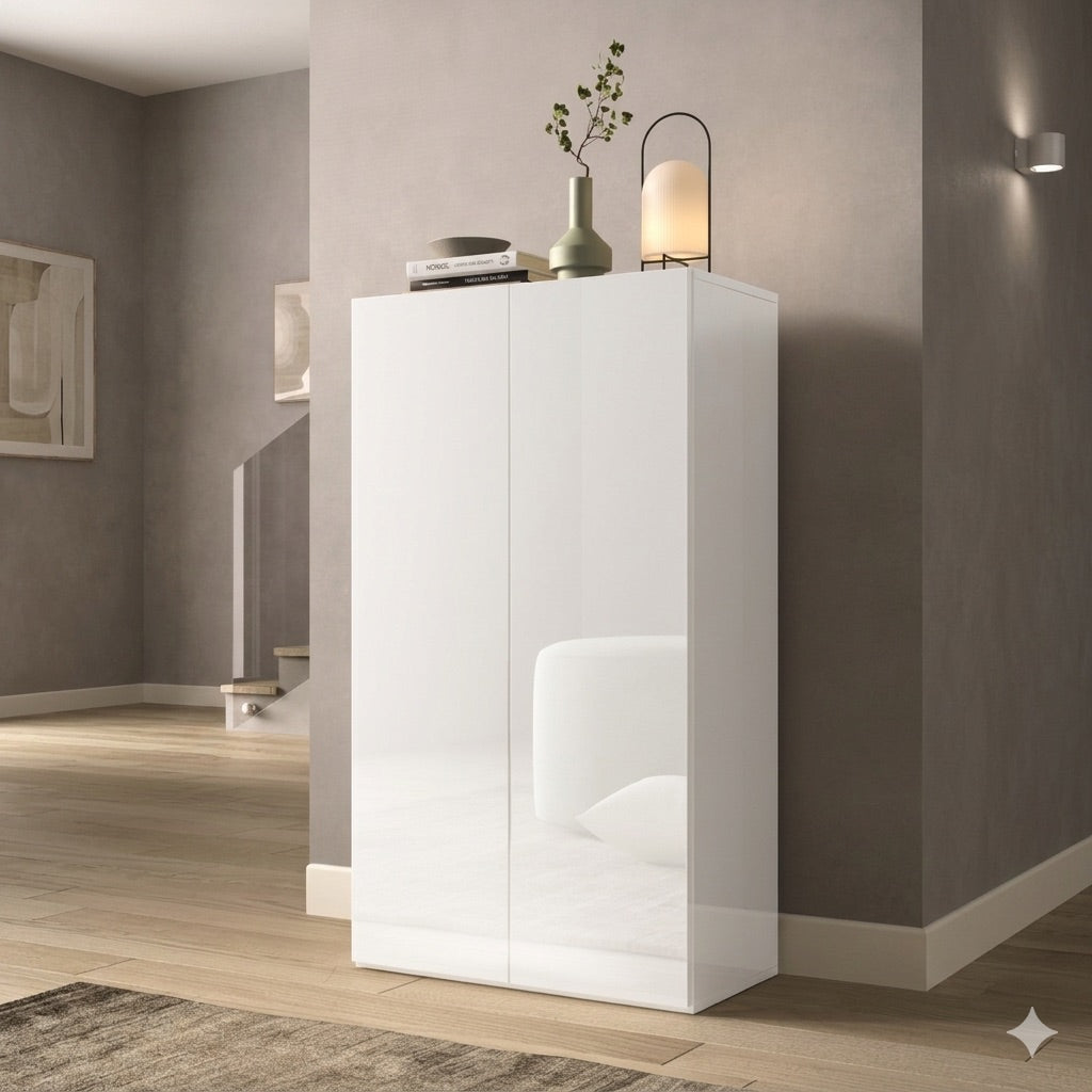 Kompact 2 Door 60cm White Gloss 15 Pair Shoe Storage Cabinet - FurniComp