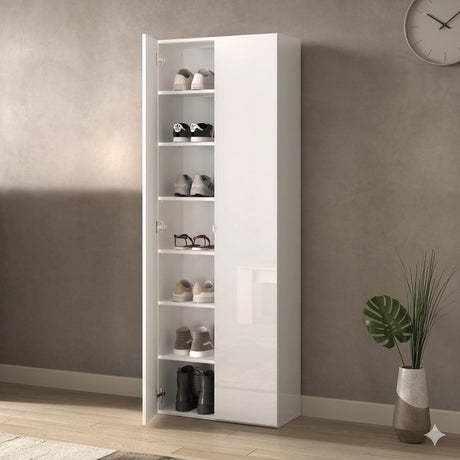 Kompact Multi-Use White Gloss Tall 2 Door Storage Utility Cupboard Cabinet - FurniComp