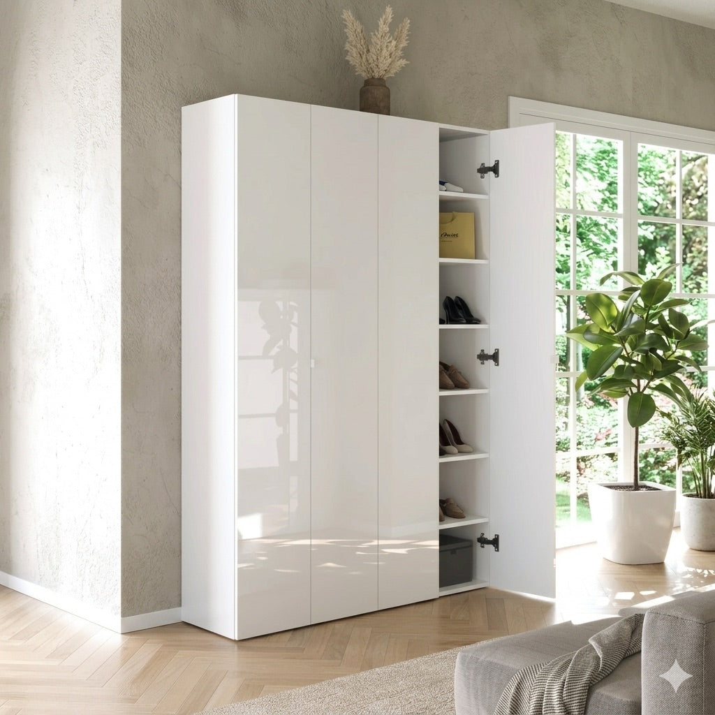 Kompact Multi-Use White Gloss Tall 4 Door Storage Utility Cupboard Cabinet - FurniComp