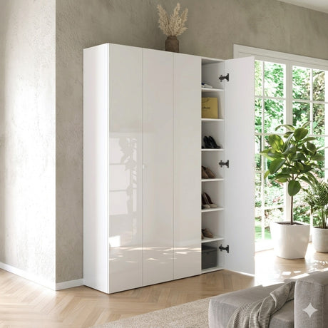Kompact Multi-Use White Gloss Tall 4 Door Storage Utility Cupboard Cabinet - FurniComp