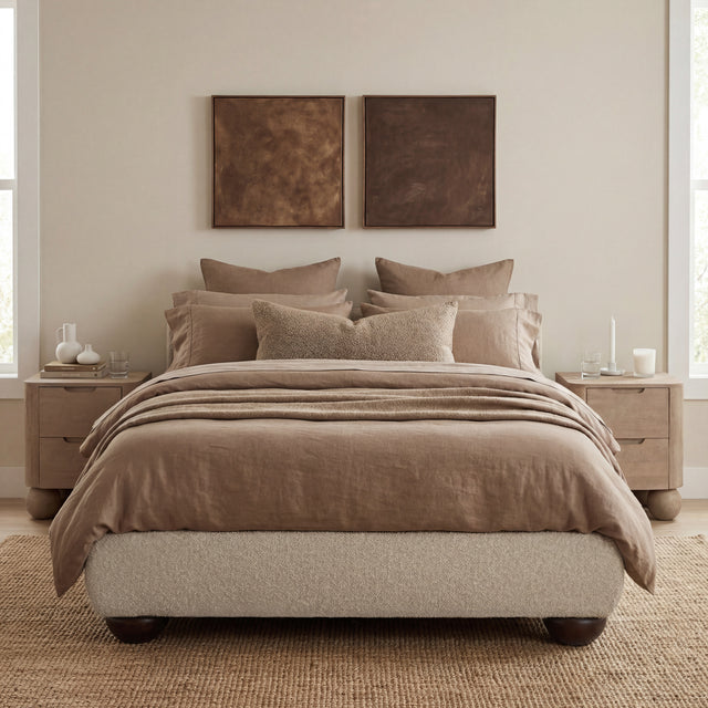 Leona Beige Fabric Bed Frame - FurniComp