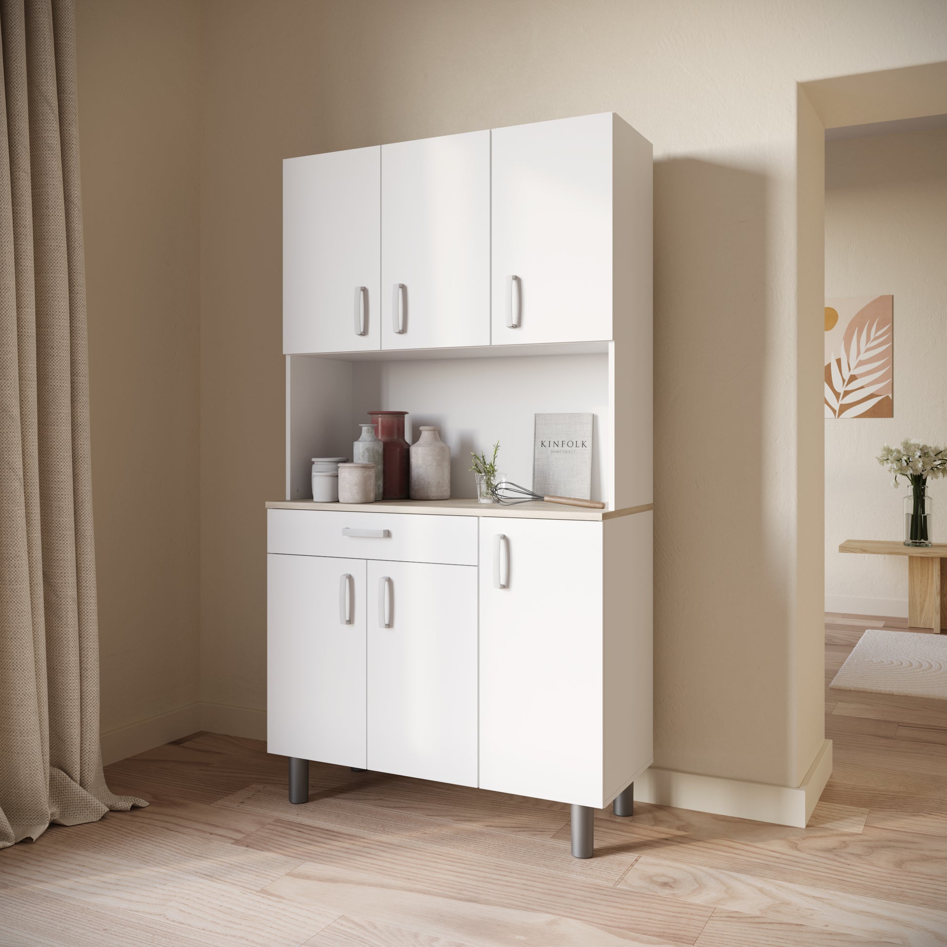 Levi Tall Kitchen Pantry Cupboard with Microwave Shelf - Matt White & Kronberg Oak - FurniComp