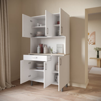 Levi Tall Kitchen Pantry Cupboard with Microwave Shelf - Matt White & Kronberg Oak - FurniComp