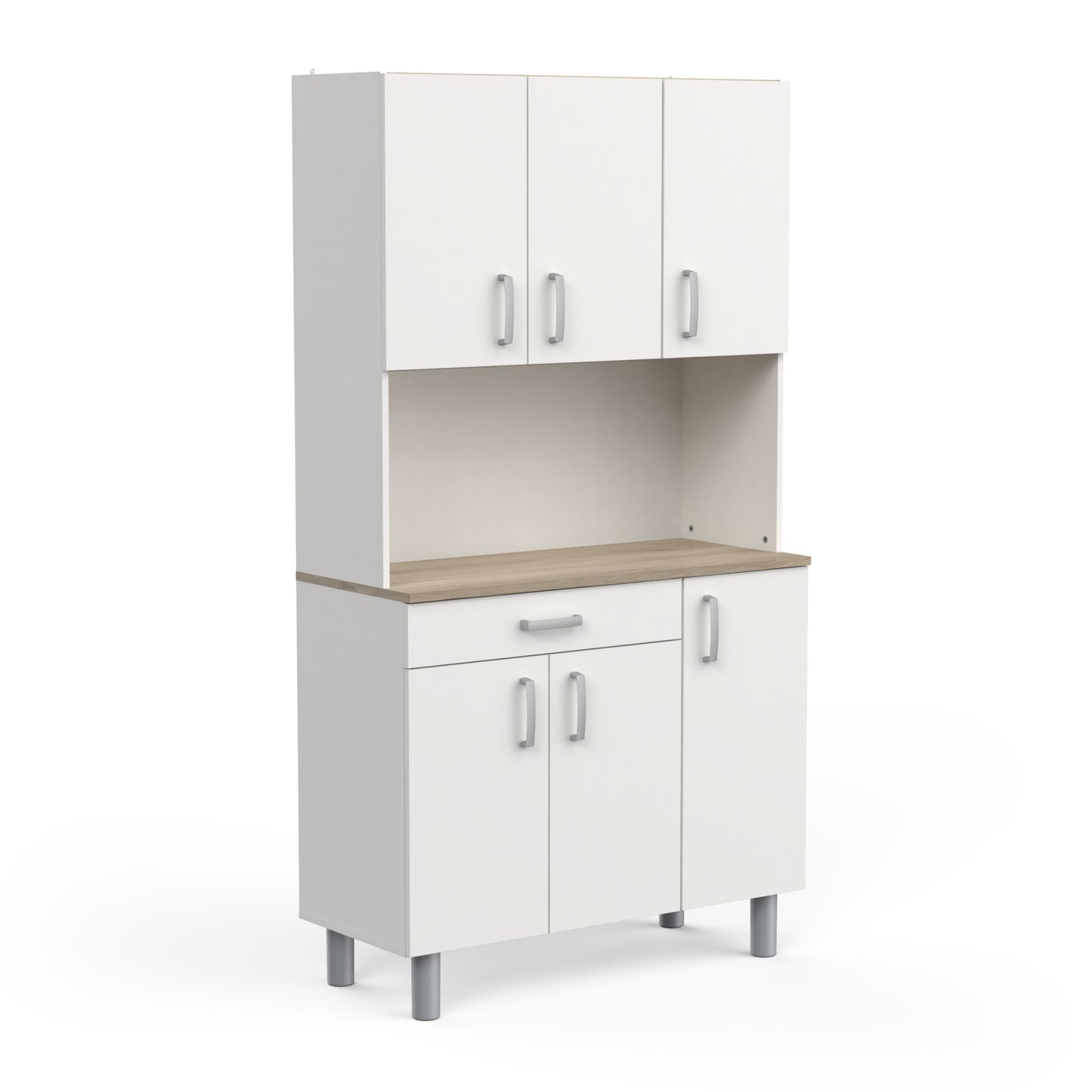 Levi Tall Kitchen Pantry Cupboard with Microwave Shelf - Matt White & Kronberg Oak - FurniComp