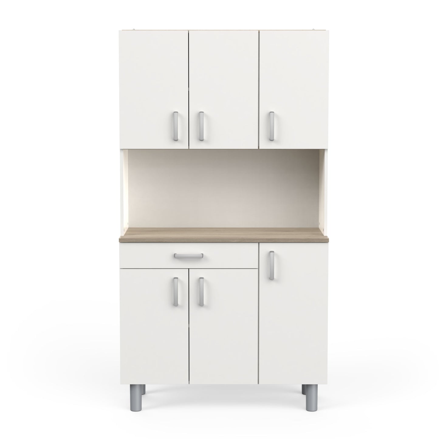 Levi Tall Kitchen Pantry Cupboard with Microwave Shelf - Matt White & Kronberg Oak - FurniComp