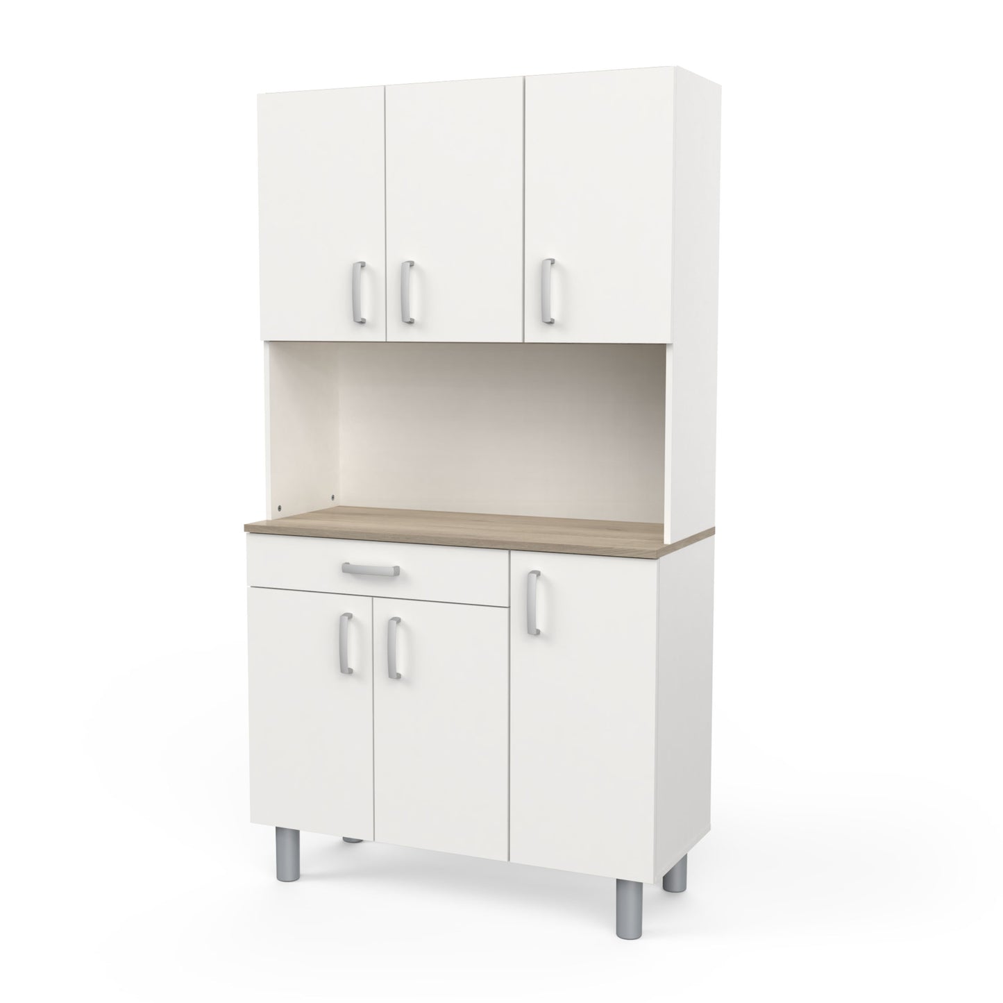 Levi Tall Kitchen Pantry Cupboard with Microwave Shelf - Matt White & Kronberg Oak - FurniComp