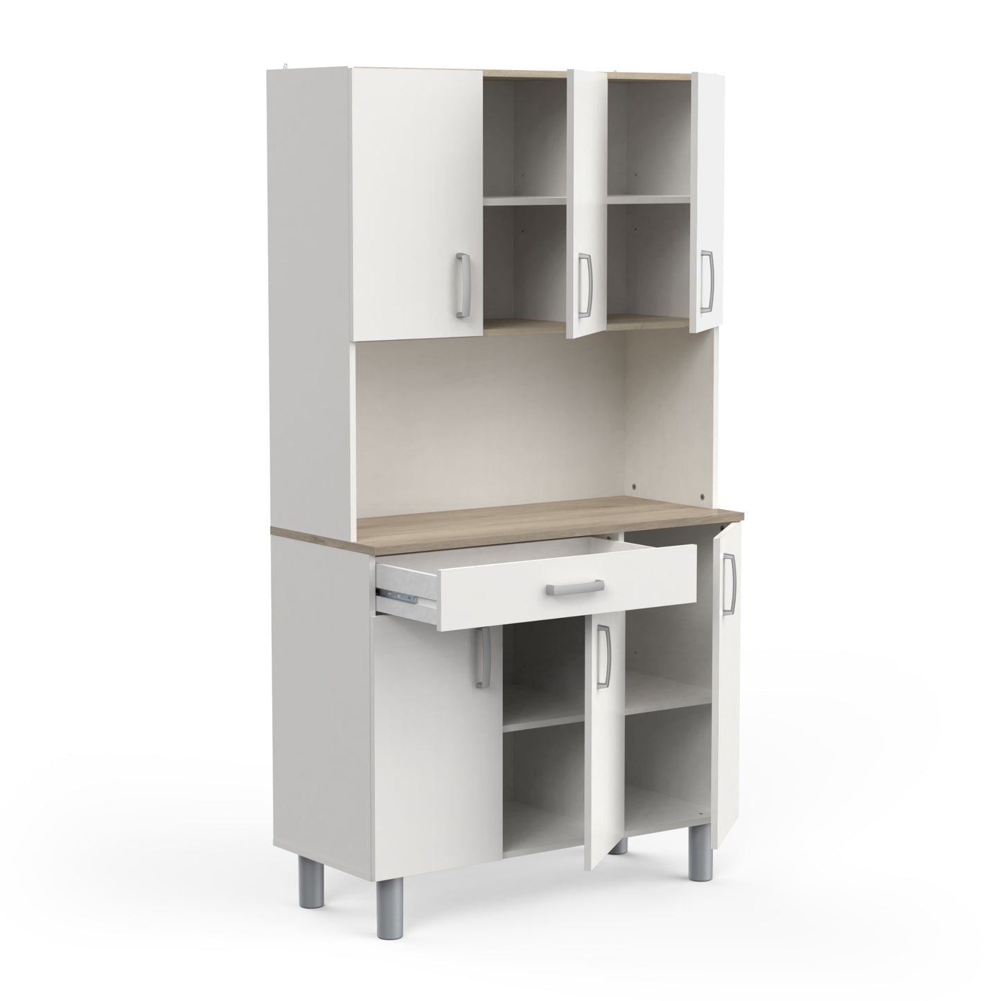 Levi Tall Kitchen Pantry Cupboard with Microwave Shelf - Matt White & Kronberg Oak - FurniComp