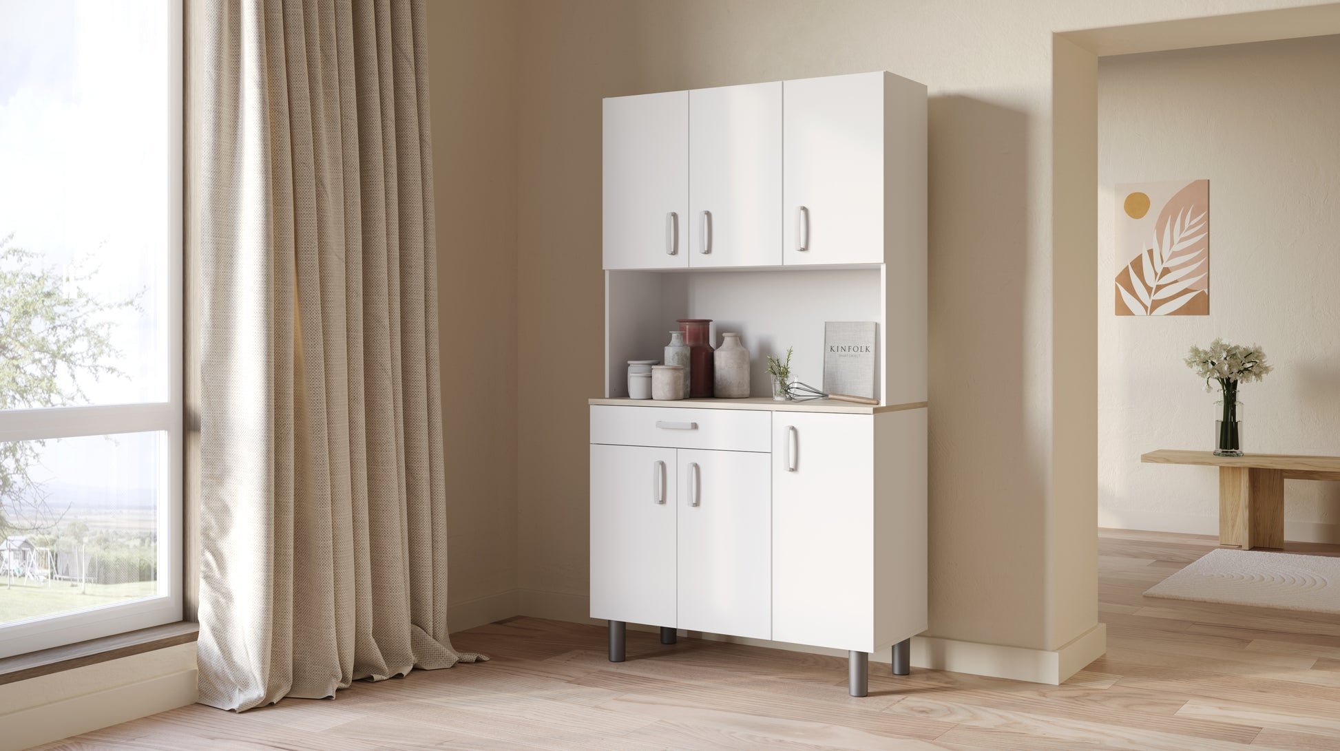 Levi Tall Kitchen Pantry Cupboard with Microwave Shelf - Matt White & Kronberg Oak - FurniComp