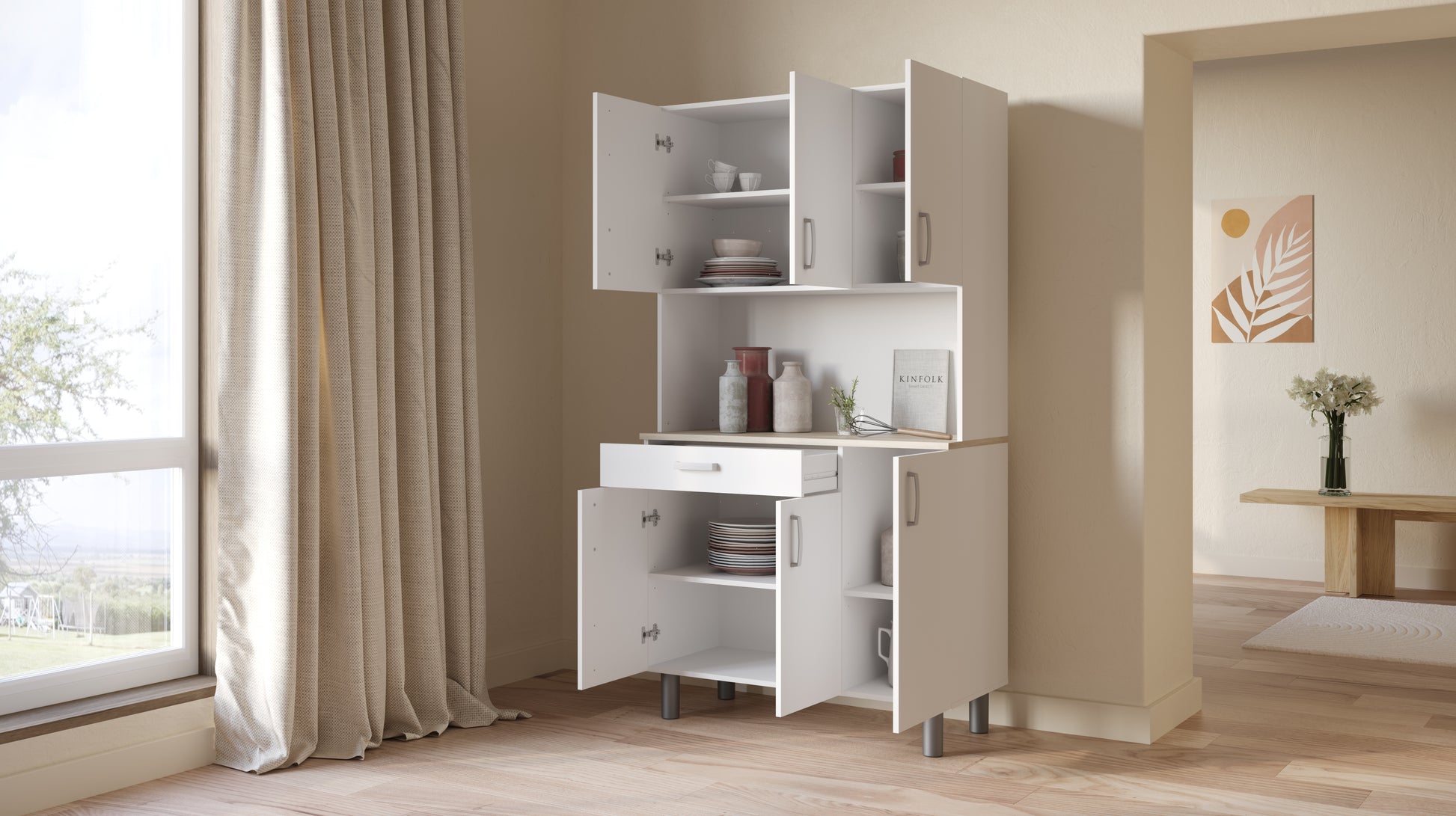 Levi Tall Kitchen Pantry Cupboard with Microwave Shelf - Matt White & Kronberg Oak - FurniComp