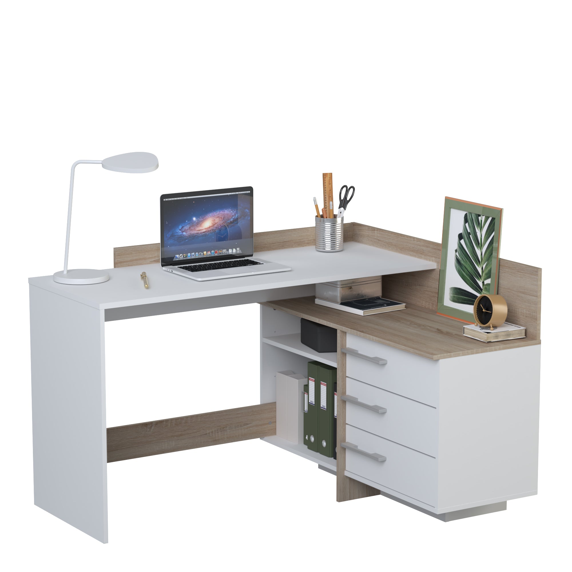 Lexi White and Oak 3 Drawer Corner Home Office Desk - FurniComp