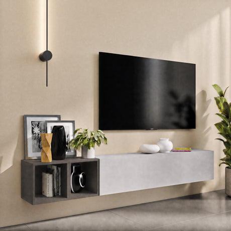 Combo 194cm Floating Wall Hung TV Entertainment Unit – Light Chalk Grey & Black Lava - FurniComp