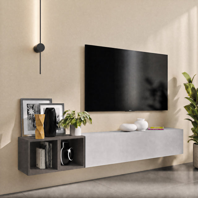 Combo 194cm Floating Wall Hung TV Entertainment Unit – Light Chalk Grey & Black Lava - FurniComp