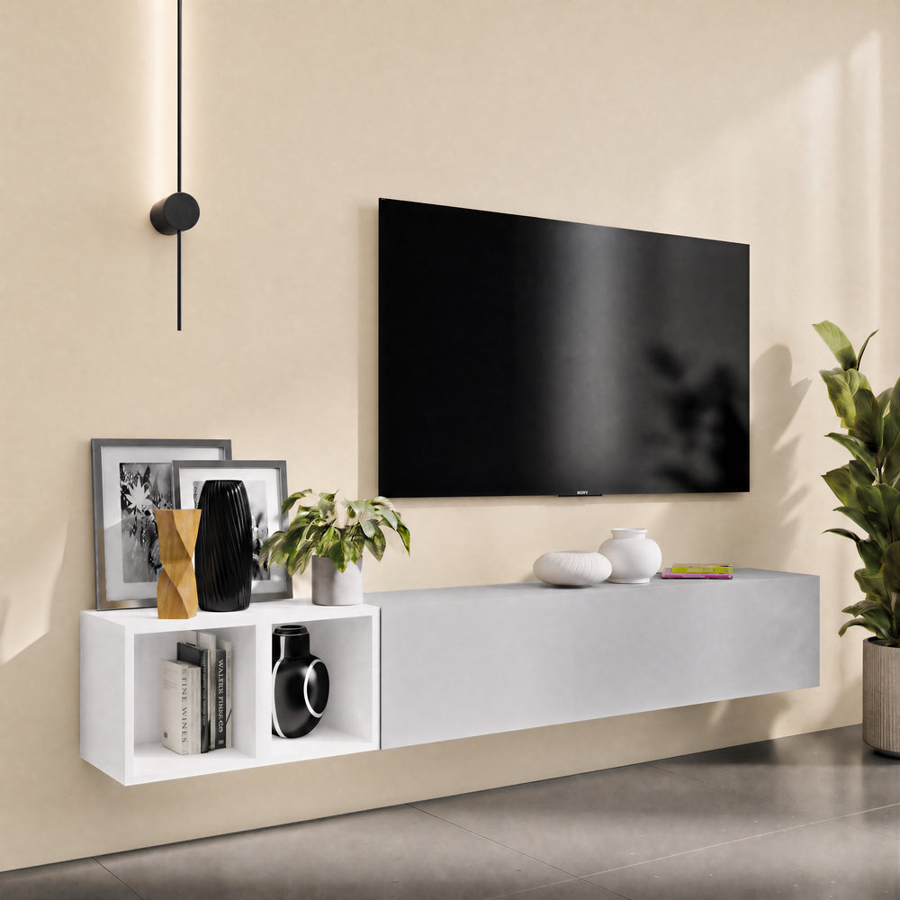 Combo 194cm Floating Wall Hung TV Entertainment Unit – Light Chalk Grey & White Gloss - FurniComp