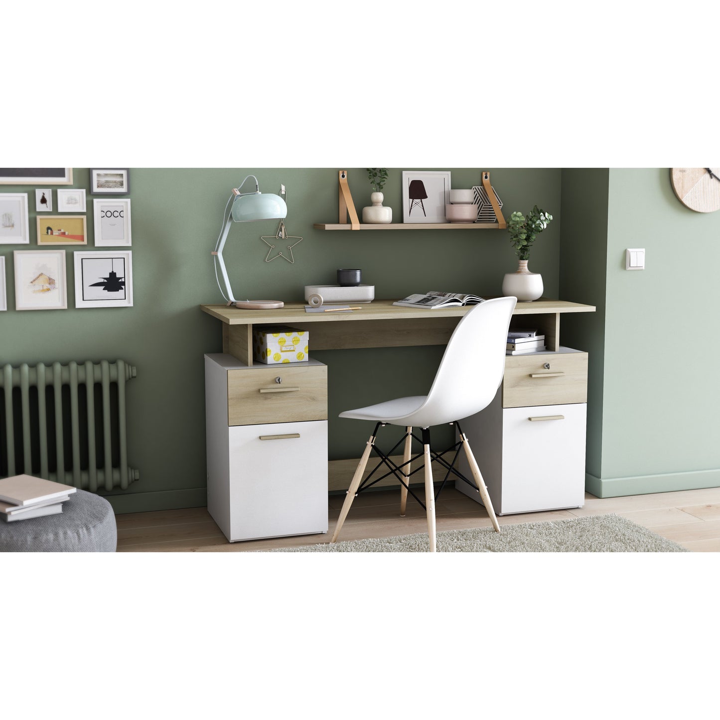 Corte Large White and Oak Office Desk with Hutch and Drawers - FurniComp