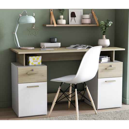 Corte Large White and Oak Office Desk with Hutch and Drawers - FurniComp