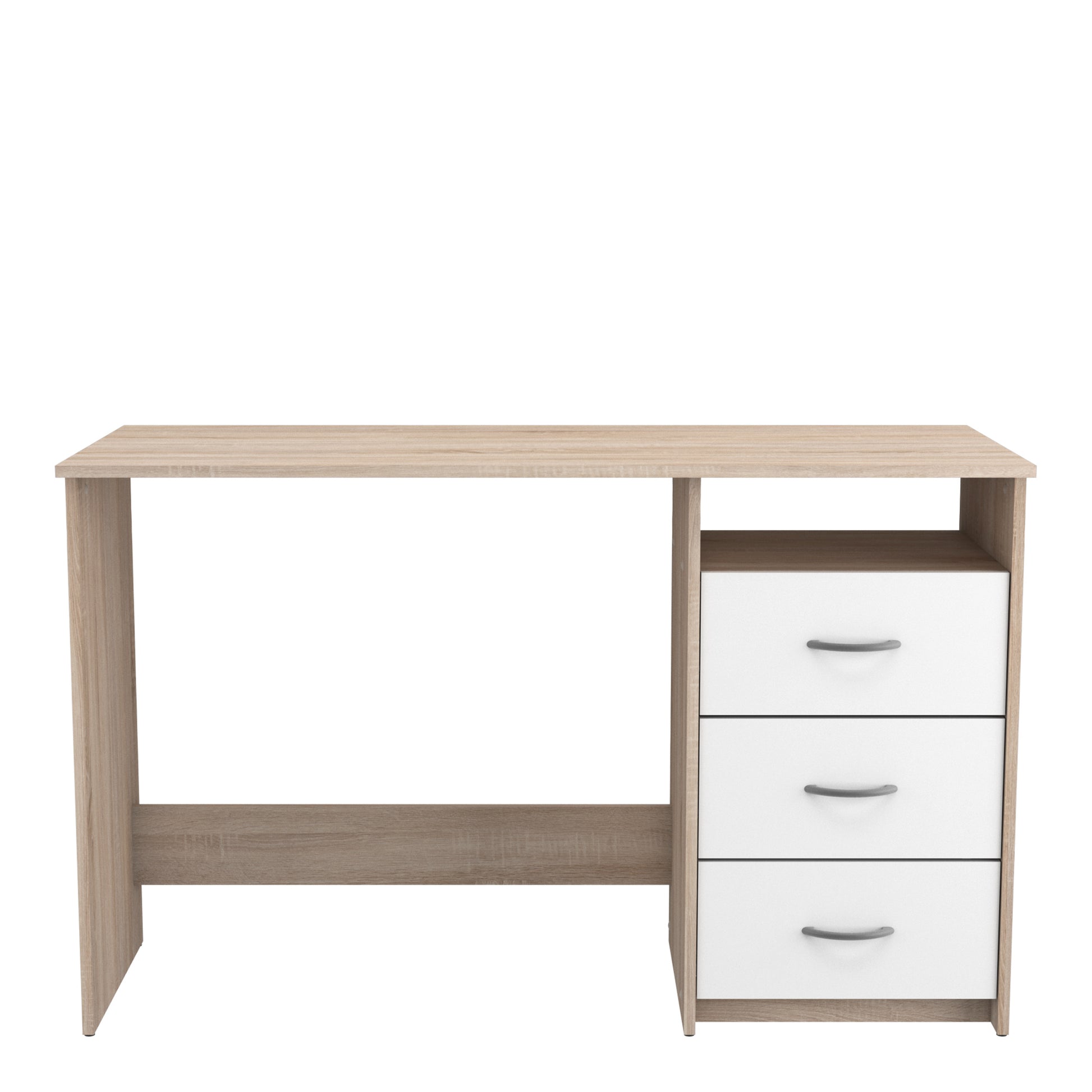 London White and Brushed Oak Office Study Desk with Drawers - FurniComp