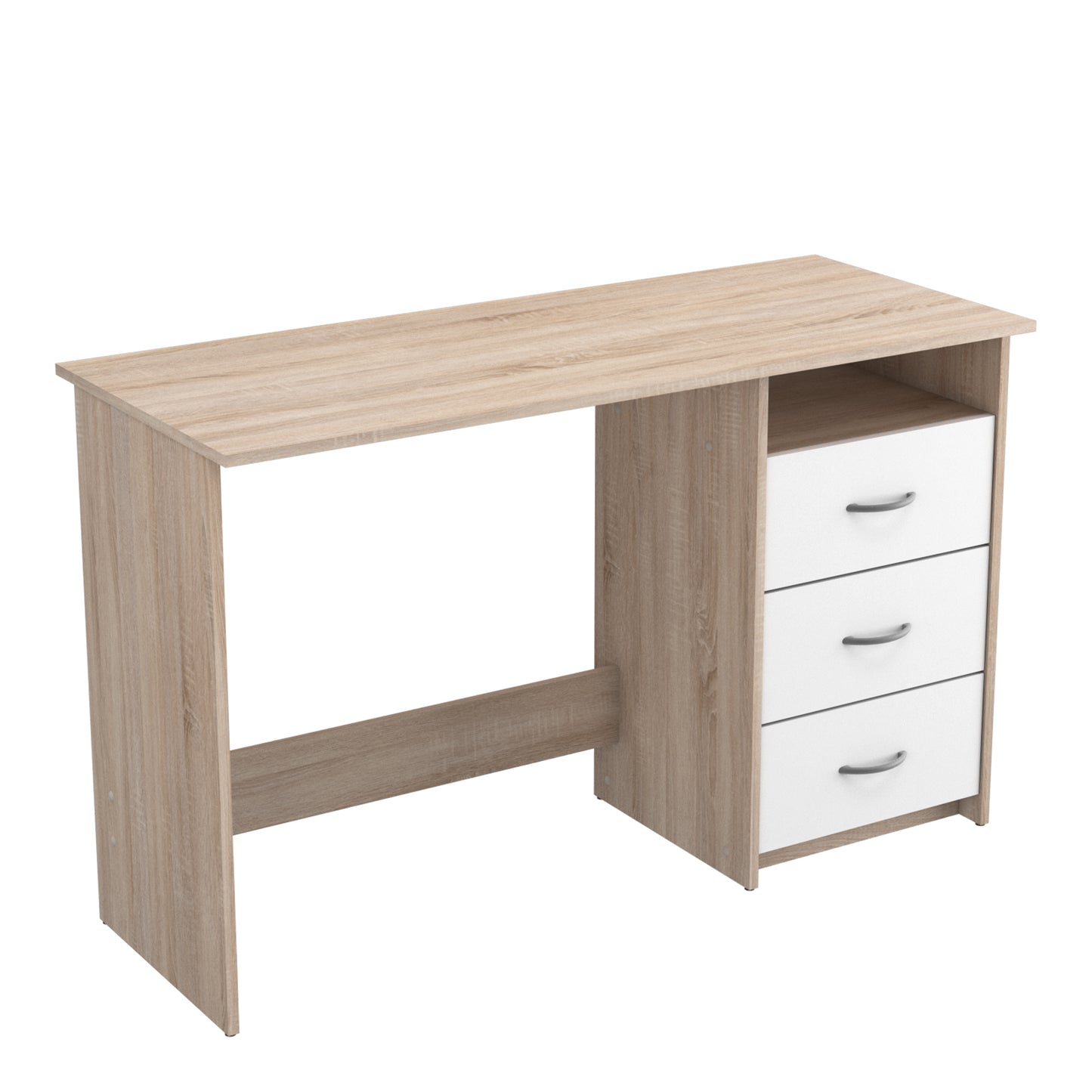 London White and Brushed Oak Office Study Desk with Drawers - FurniComp