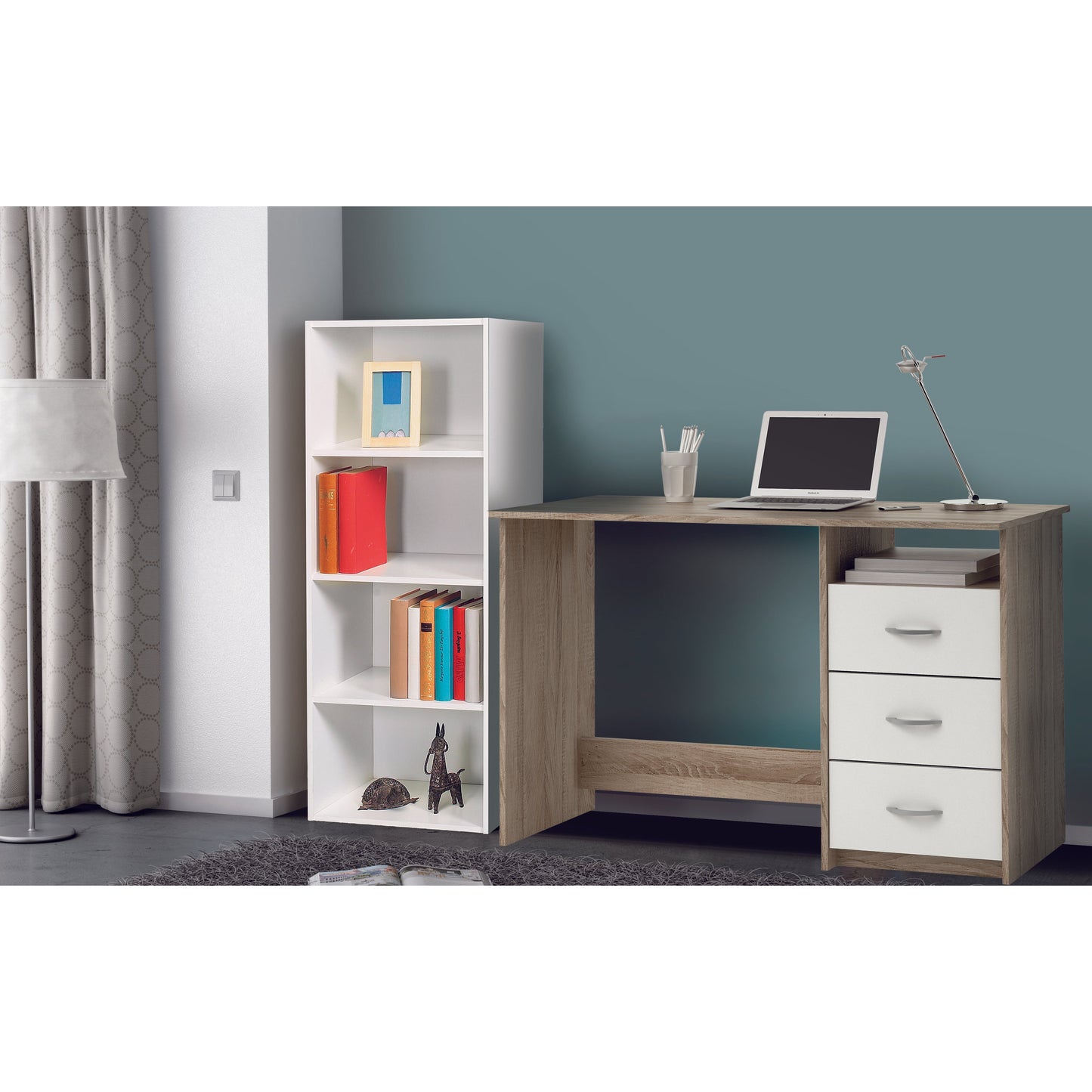 London White and Brushed Oak Office Study Desk with Drawers - FurniComp