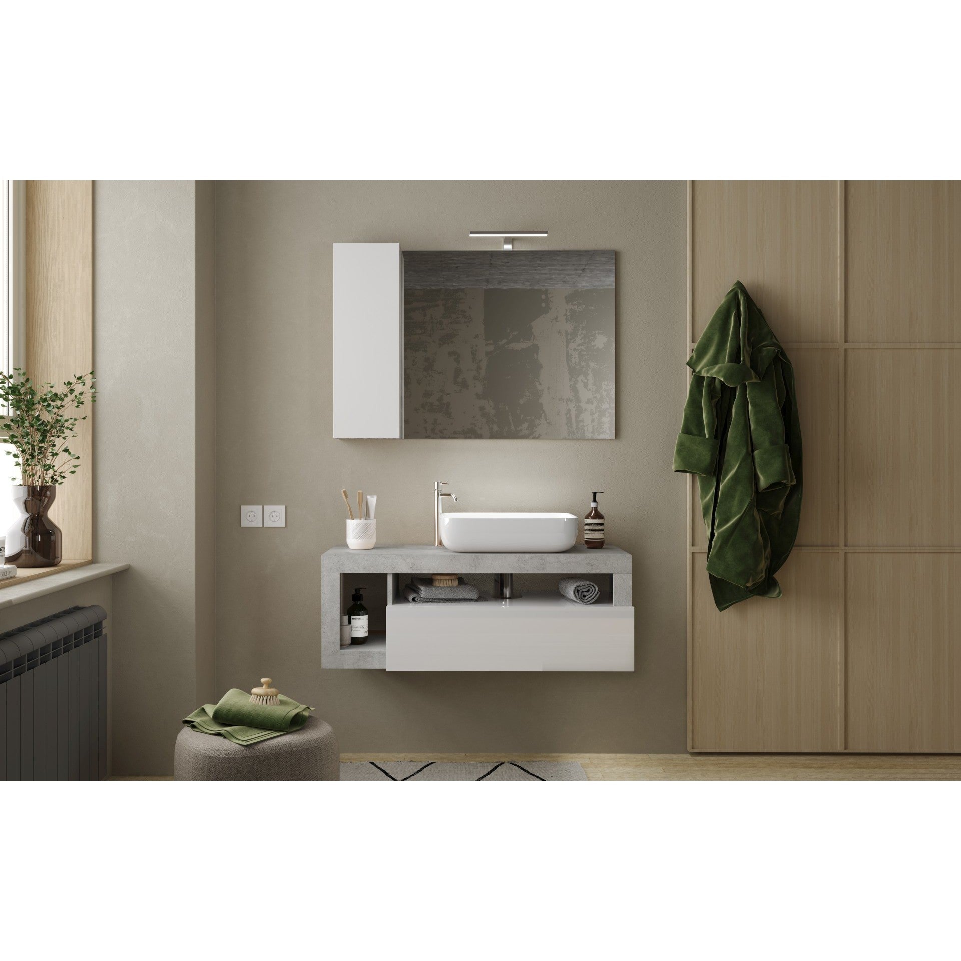 Lorenzo White Gloss & Concrete Grey 1 Drawer 1100mm Wall Hung Vanity Unit with Basin - FurniComp