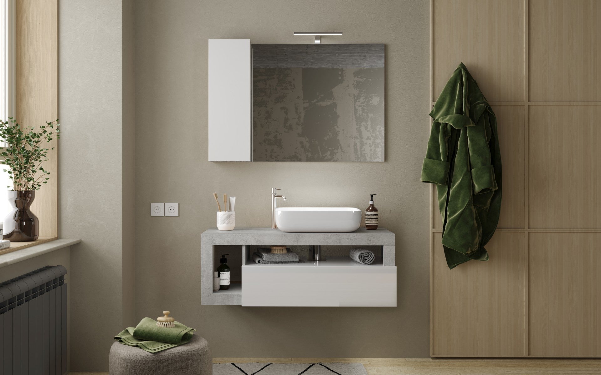 Lorenzo 110cm White Gloss & Concrete Grey Mirrored Bathroom Cabinet With LED Light - FurniComp