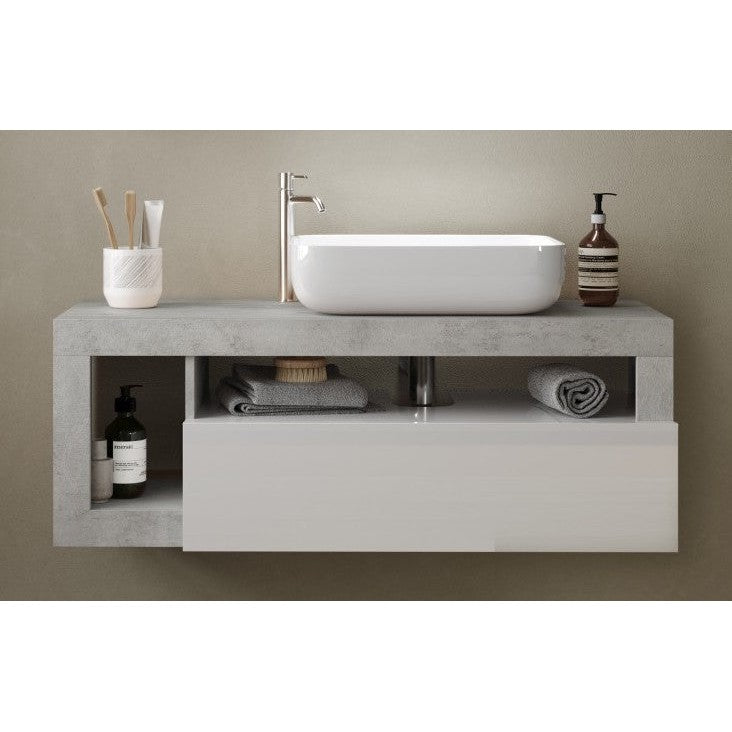 Lorenzo White Gloss & Concrete Grey 1 Drawer 1100mm Wall Hung Vanity Unit with Basin - FurniComp