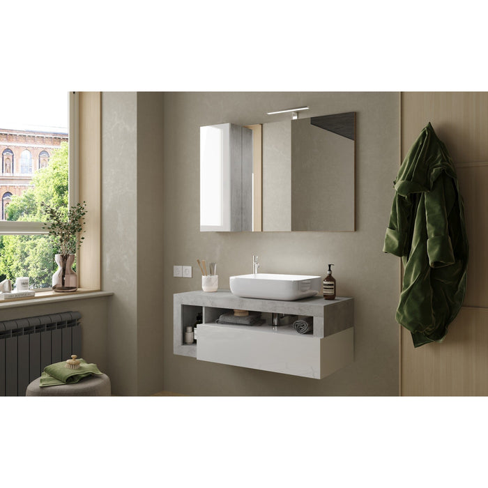 Lorenzo White Gloss & Concrete Grey 1 Drawer 1100mm Wall Hung Vanity Unit with Basin - FurniComp