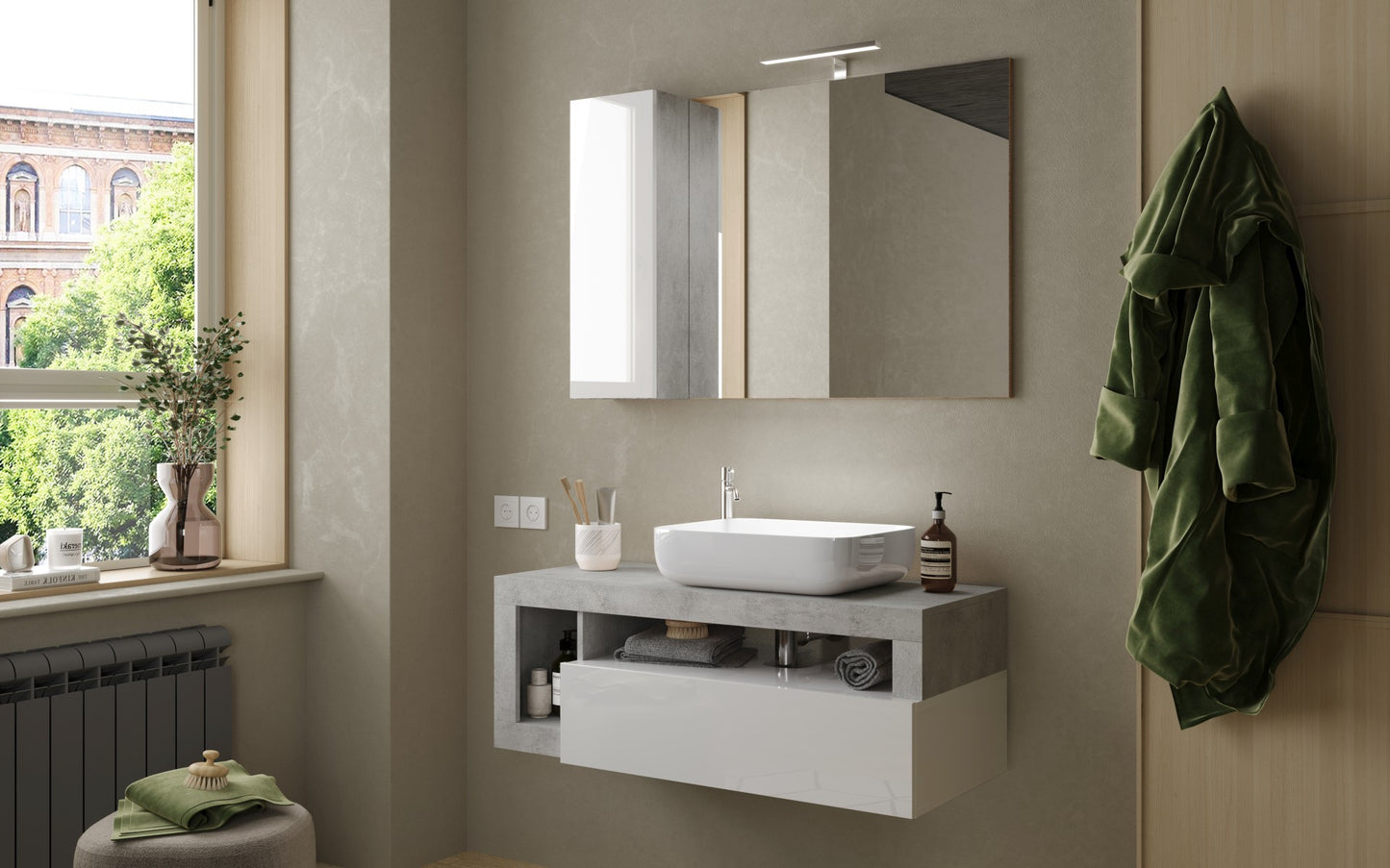 Lorenzo 110cm White Gloss & Concrete Grey Mirrored Bathroom Cabinet With LED Light - FurniComp