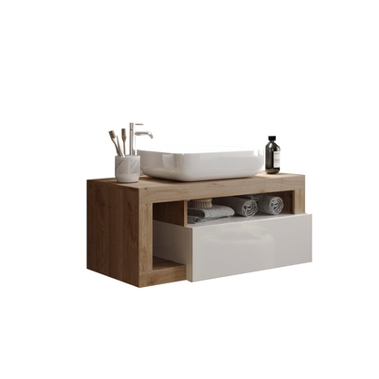 Lorenzo White Gloss & Cadiz Oak 1 Drawer 1100mm Wall Hung Vanity Unit with Basin - FurniComp