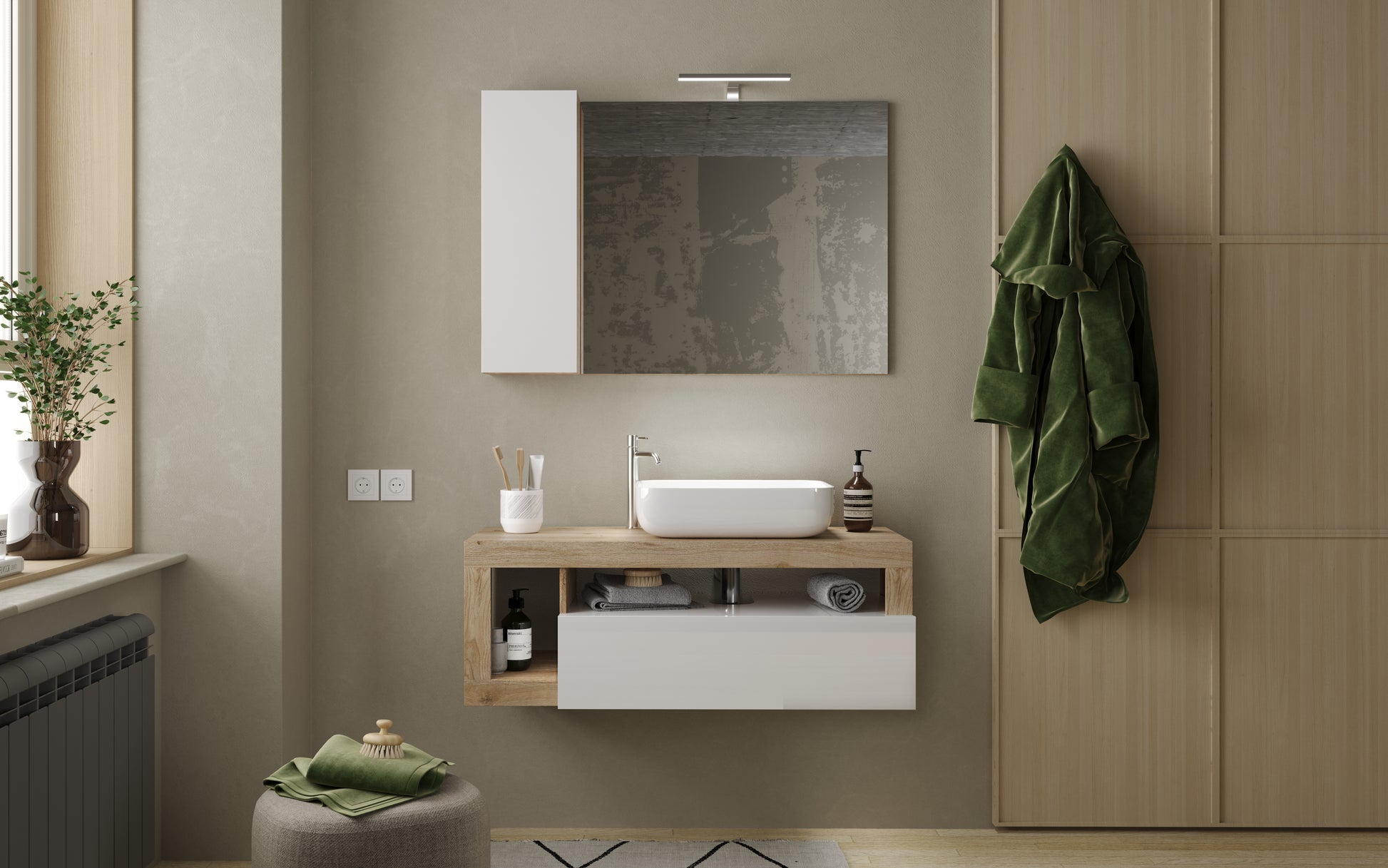 Lorenzo 110cm White Gloss and Cadiz Oak Mirrored Bathroom Cabinet With LED Light - FurniComp