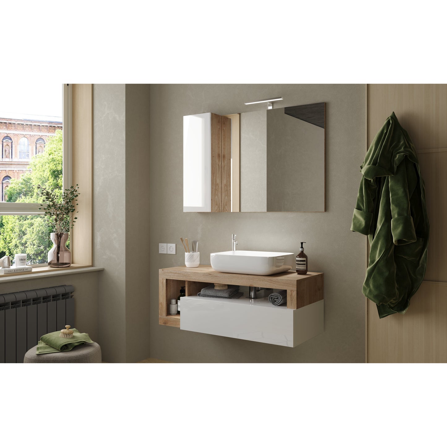 Lorenzo White Gloss & Cadiz Oak 1 Drawer 1100mm Wall Hung Vanity Unit with Basin - FurniComp