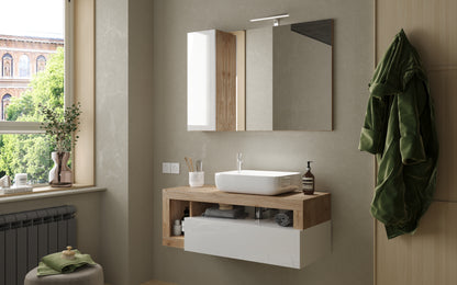 Lorenzo 110cm White Gloss and Cadiz Oak Mirrored Bathroom Cabinet With LED Light - FurniComp