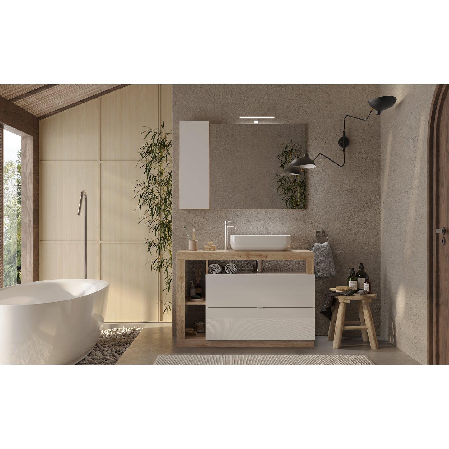 Lorenzo White Gloss & Cadiz Oak 2 Drawer 1100mm Free Standing Vanity Unit with Basin - FurniComp