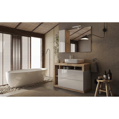 Lorenzo White Gloss & Cadiz Oak 2 Drawer 1100mm Free Standing Vanity Unit with Basin - FurniComp