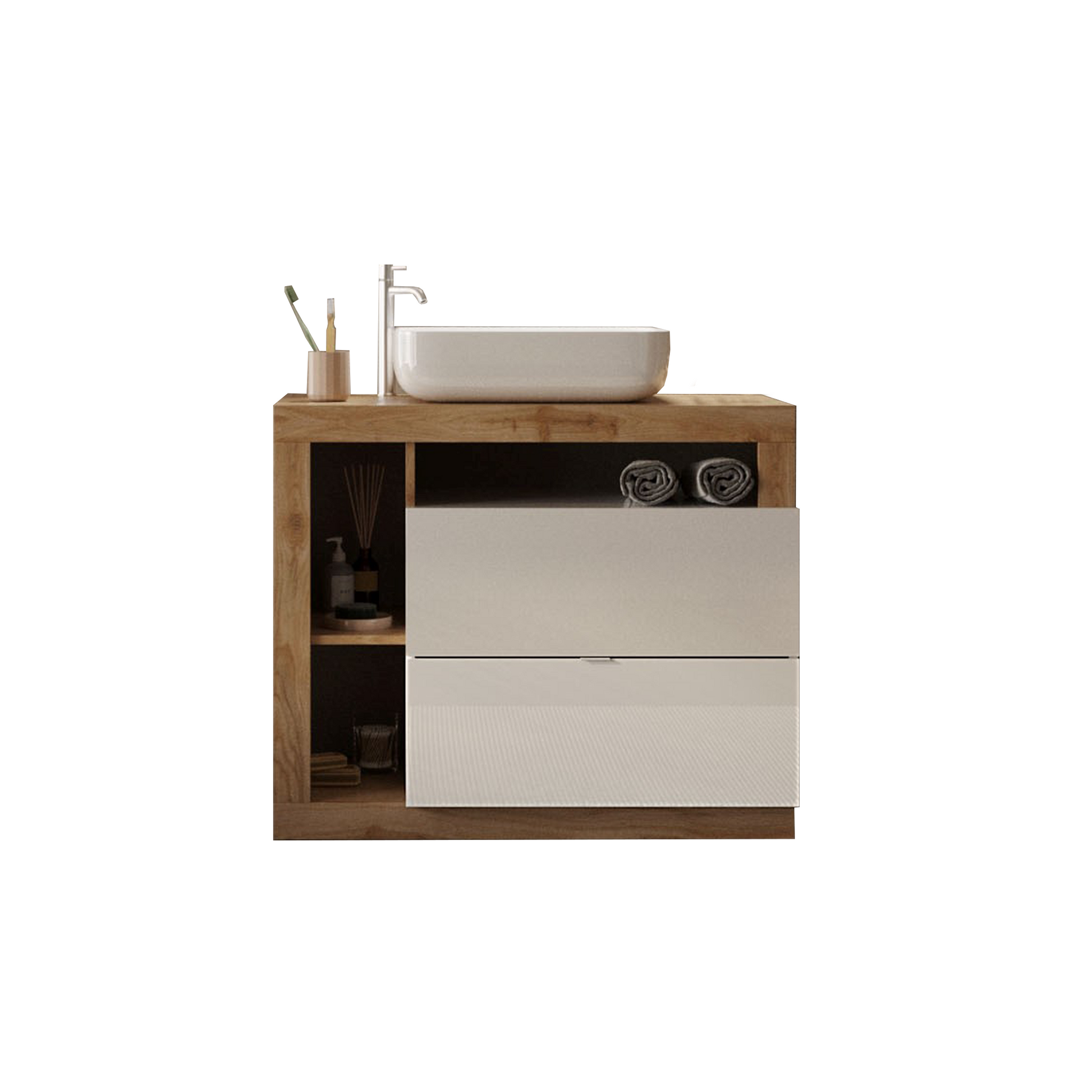 Lorenzo White Gloss & Cadiz Oak 2 Drawer 1100mm Free Standing Vanity Unit with Basin - FurniComp