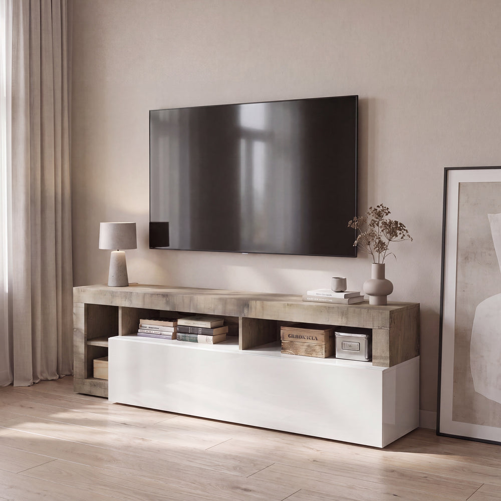 Lorenzo 184cm White Gloss and Natural Oak TV Unit - FurniComp
