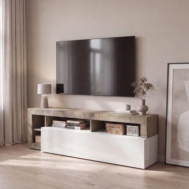Lorenzo 184cm White Gloss and Natural Oak TV Unit - FurniComp
