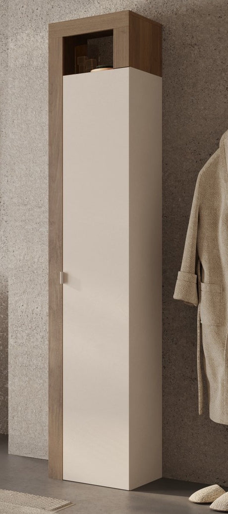 Lorenzo 1 Door Cashmere and Mercure Oak Tall Bathroom Storage Cupboard - FurniComp