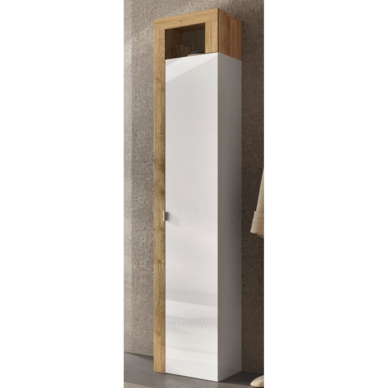 Lorenzo 1 Door White Gloss and Cadiz Oak Tall Bathroom Storage Cupboard - FurniComp