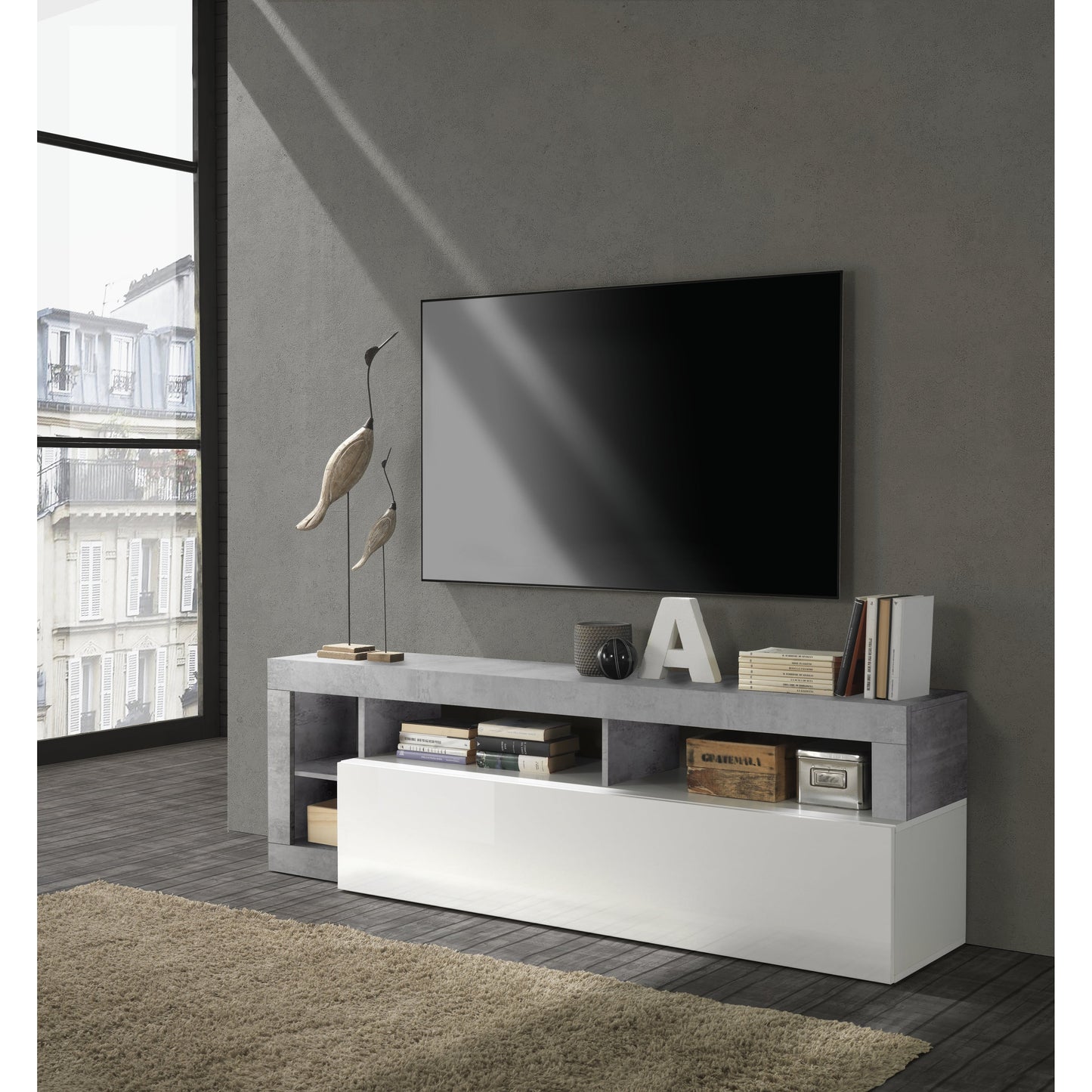 Lorenzo 184cm White Gloss and Concrete Grey TV Stand - FurniComp