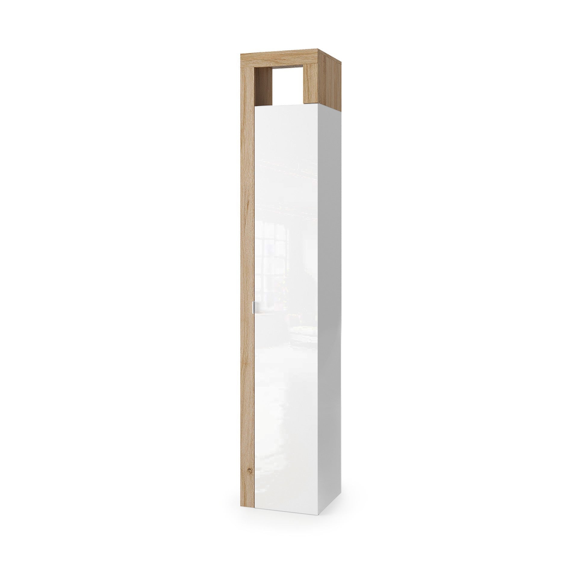 Lorenzo 1 Door White Gloss and Cadiz Oak Tall Bathroom Storage Cupboard - FurniComp