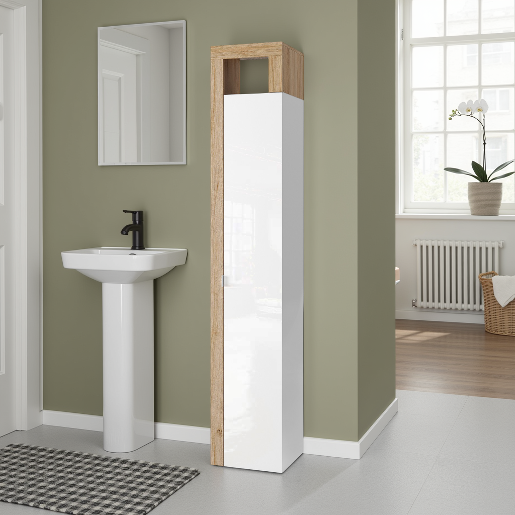 Lorenzo 1 Door White Gloss and Cadiz Oak Tall Bathroom Storage Cupboard - FurniComp