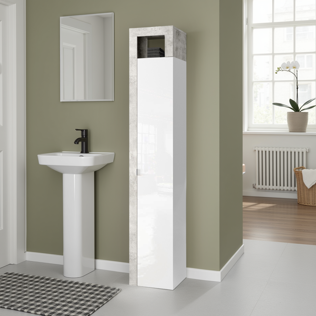 Lorenzo 1 Door White Gloss and Concrete Grey Tall Bathroom Storage Cupboard - FurniComp