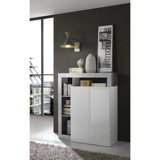 Lorenzo 2 Door White Gloss and Concrete Grey Tall Sideboard/Highboard - FurniComp