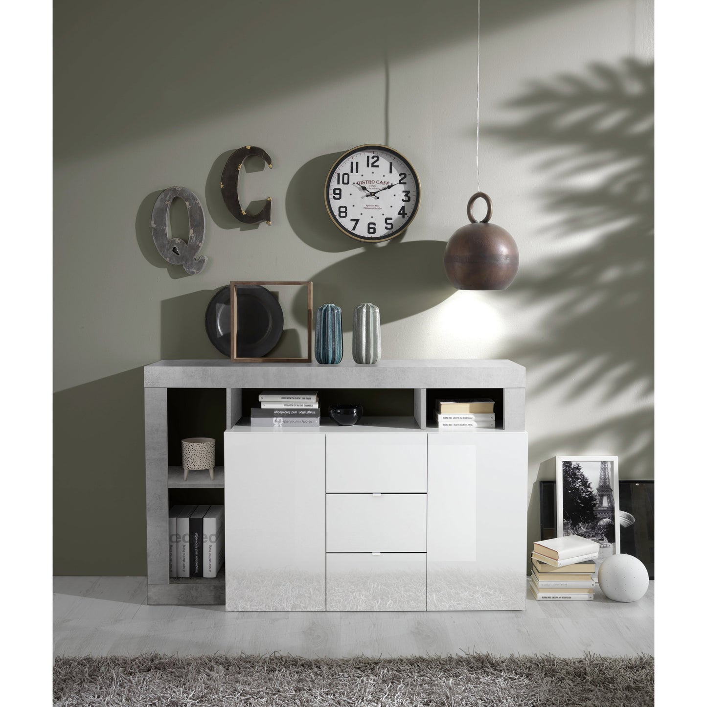 Lorenzo 2 Door 3 Drawer White Gloss and Concrete Grey Sideboard - FurniComp