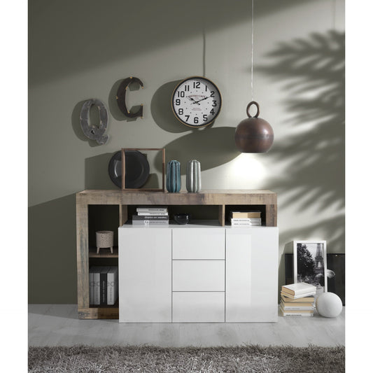 Lorenzo 2 Door 3 Drawer White Gloss and Natural Oak Sideboard - FurniComp