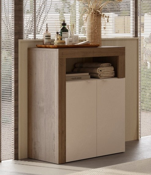 Lorenzo 2 Door Cashmere and Mercure Oak Large Bathroom Storage Cabinet - FurniComp