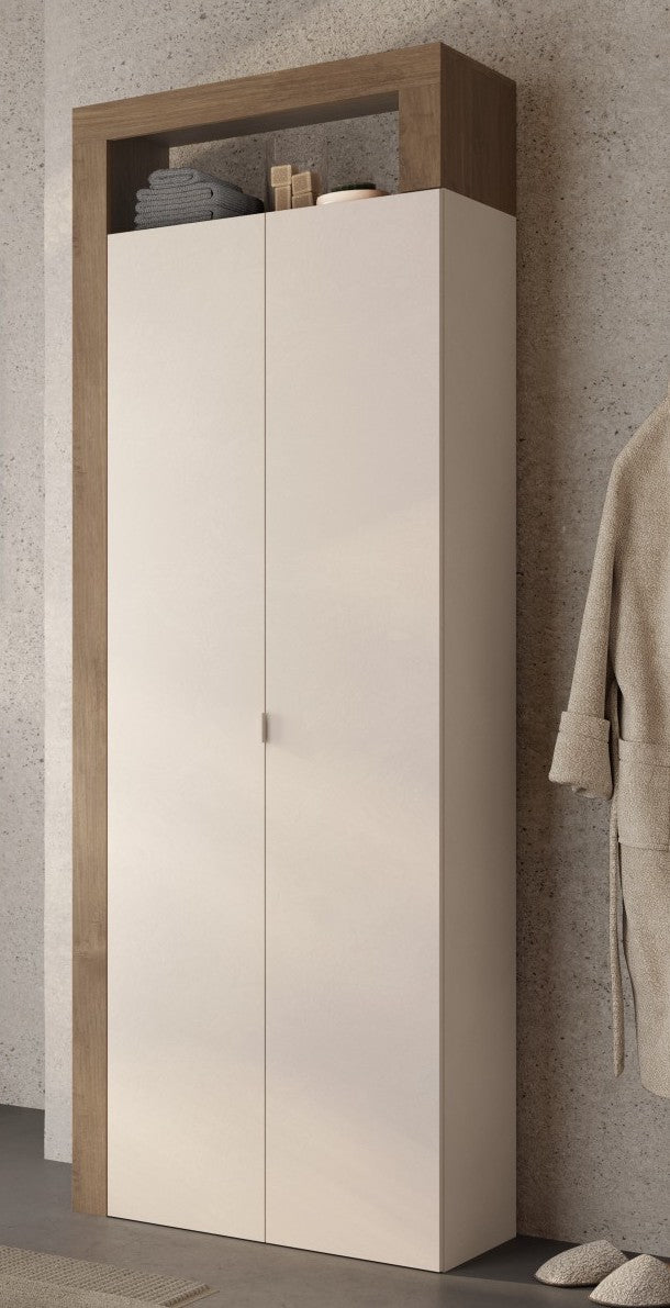Lorenzo 2 Door Cashmere and Mercure Oak Tall Bathroom Storage Cupboard - FurniComp