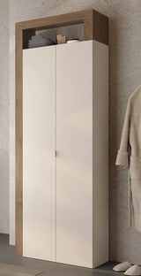 Lorenzo 2 Door Cashmere and Mercure Oak Tall Bathroom Storage Cupboard - FurniComp