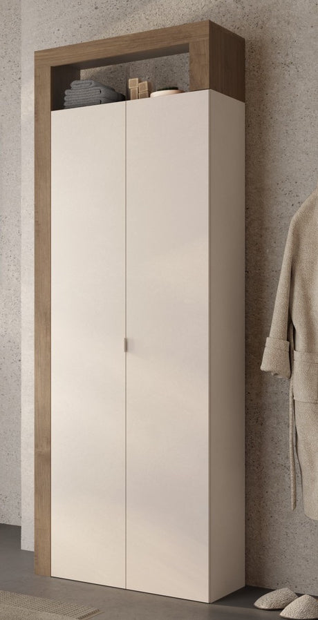 Lorenzo 2 Door Cashmere and Mercure Oak Tall Bathroom Storage Cupboard - FurniComp